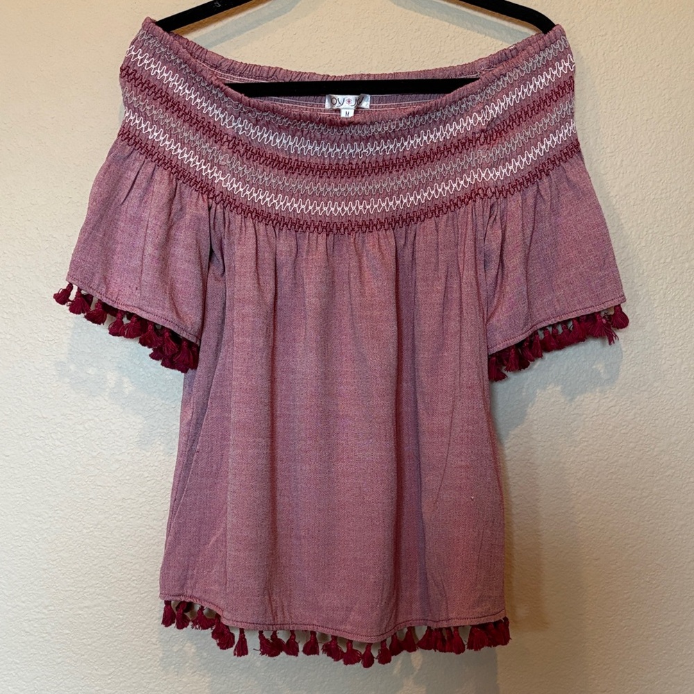Boho Smocked Off-Shoulder Pink Top with  Crochet Detailing and Tassel Fringe